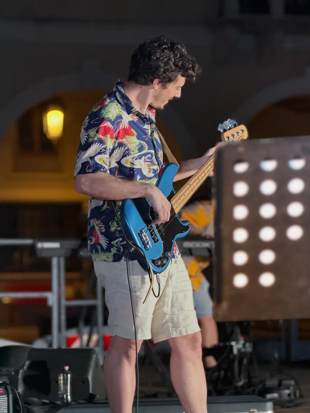 Il bassista sotto le luci del palco